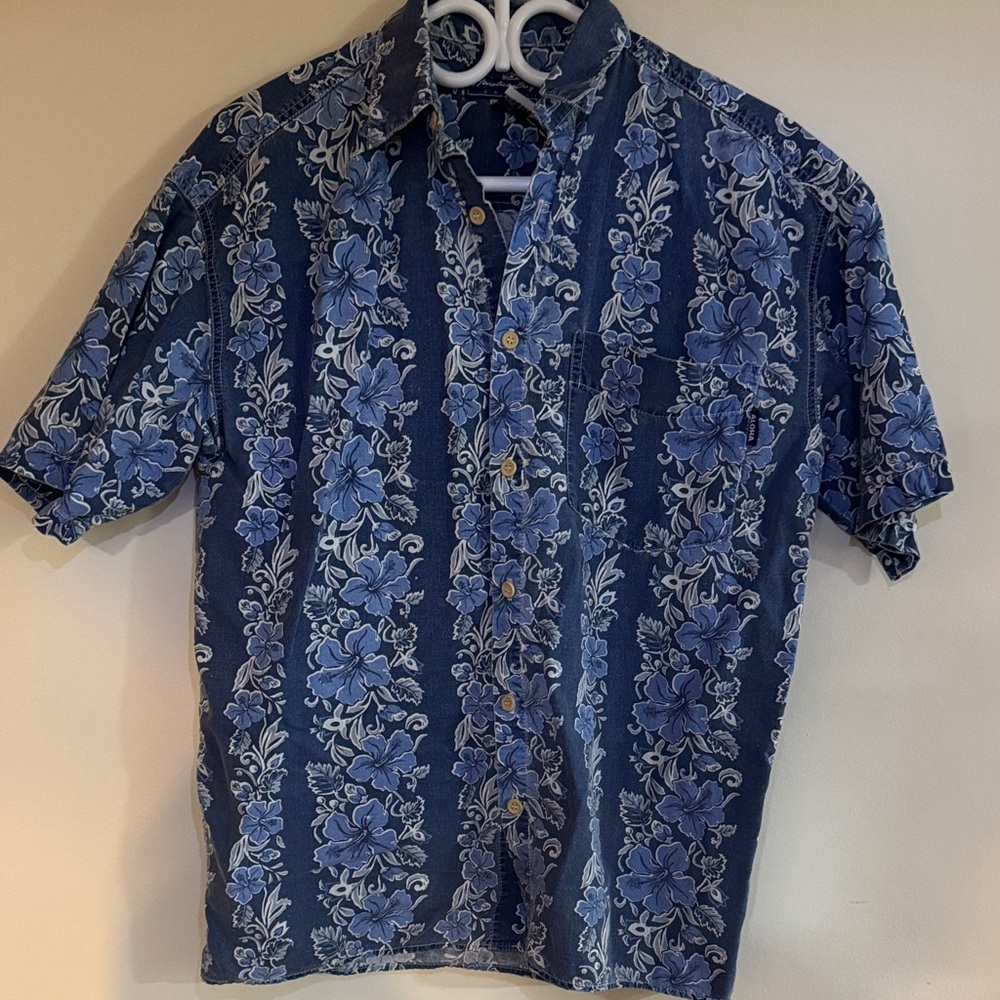 Men's Blue Floral Hawaiian Short-Sleeve Button-Down Shirt by